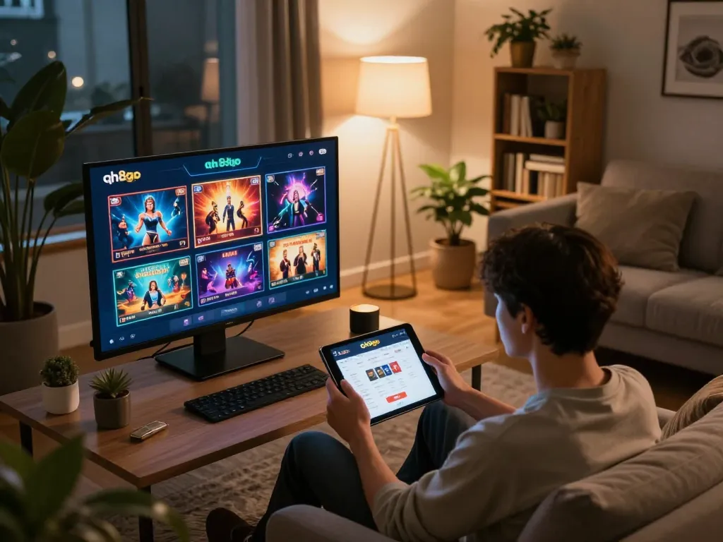 Engaging player using qh88go on tablet in cozy home setting for online gaming