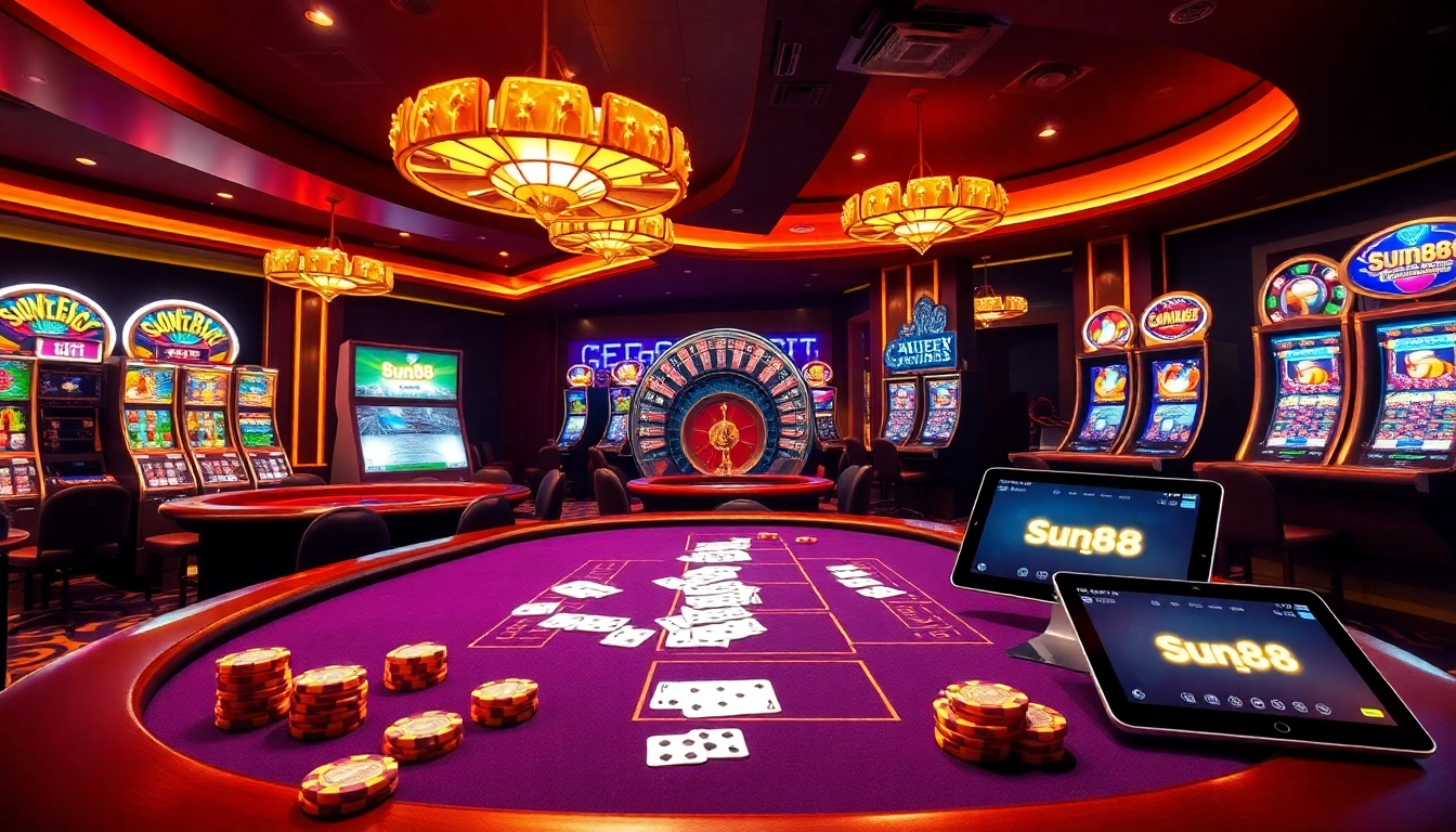 Experience the excitement of gambling at sun88 win web with vibrant casino visuals featuring poker tables and slot machines.