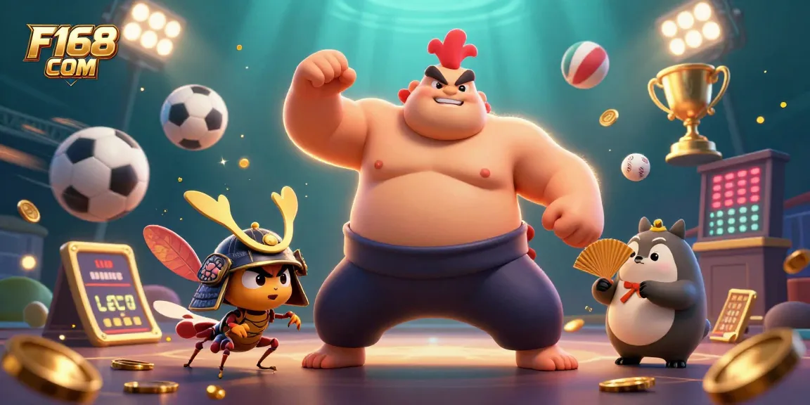 Engage with F168 COM in a vibrant casino scene featuring a powerful sumo wrestler rooster and dynamic gaming elements.