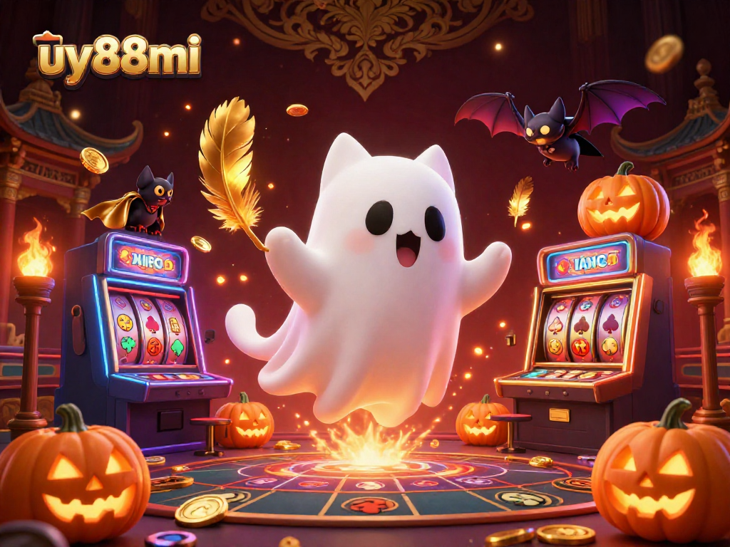 Experience the thrill at uy88mi's vibrant casino with a ghost cat, bat, and festive jack-o-lanterns flying around.