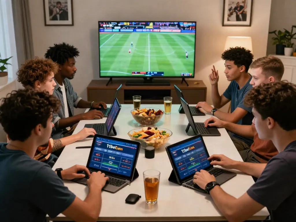 Friends enjoying online gaming at 11bet.com in a stylish living room