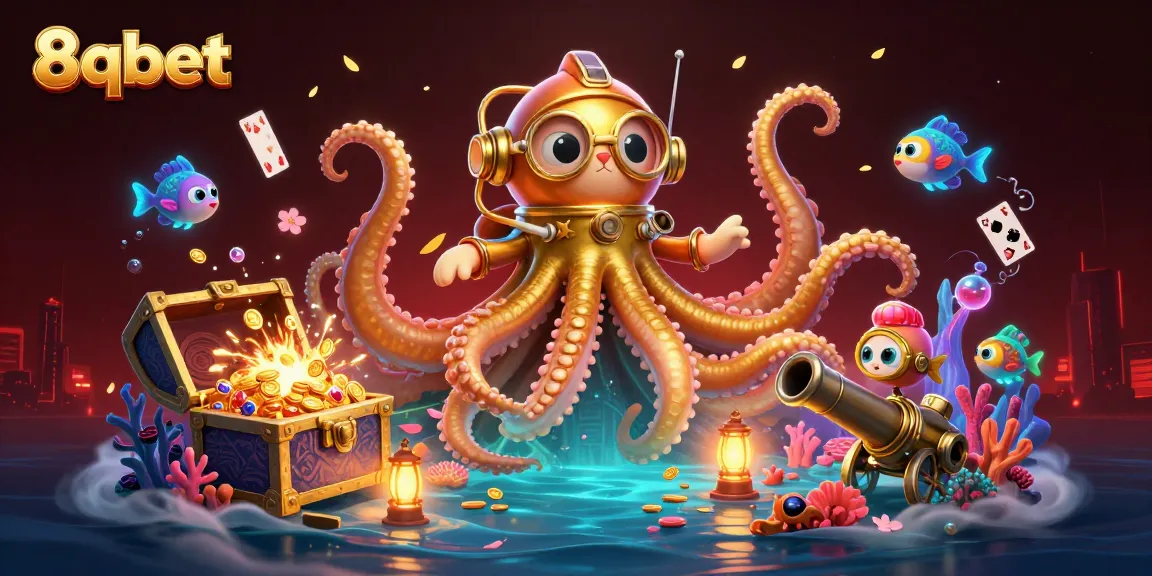 Join the excitement at 8qbet with a colossal kraken and diving cat in this vibrant casino-themed scene.