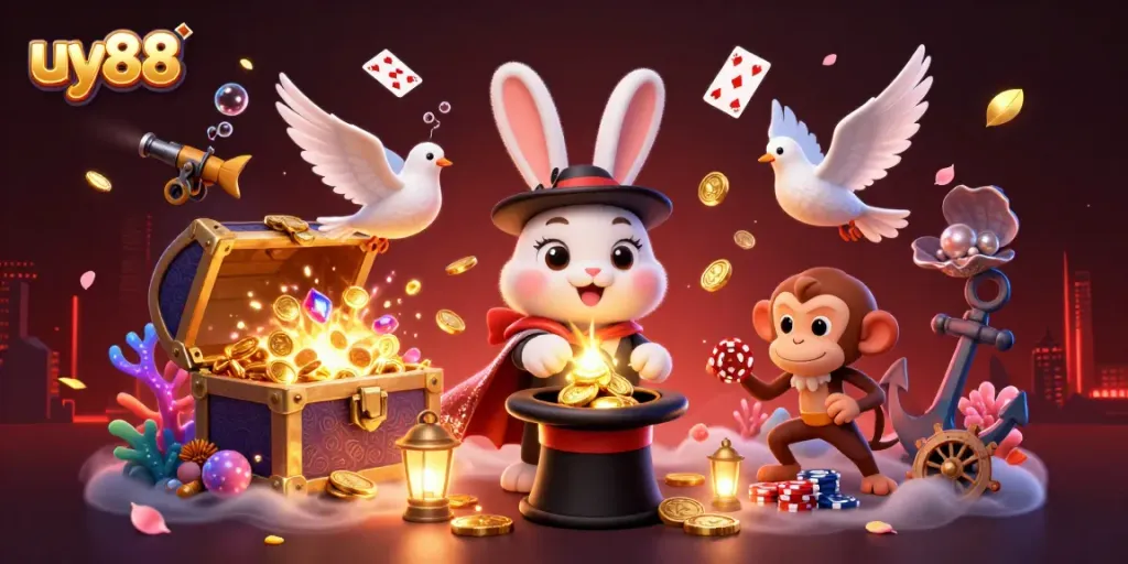 Join the excitement of uy88 with a vibrant scene featuring a magician rabbit, glamorous dove, and playful monkey among magical casino elements.