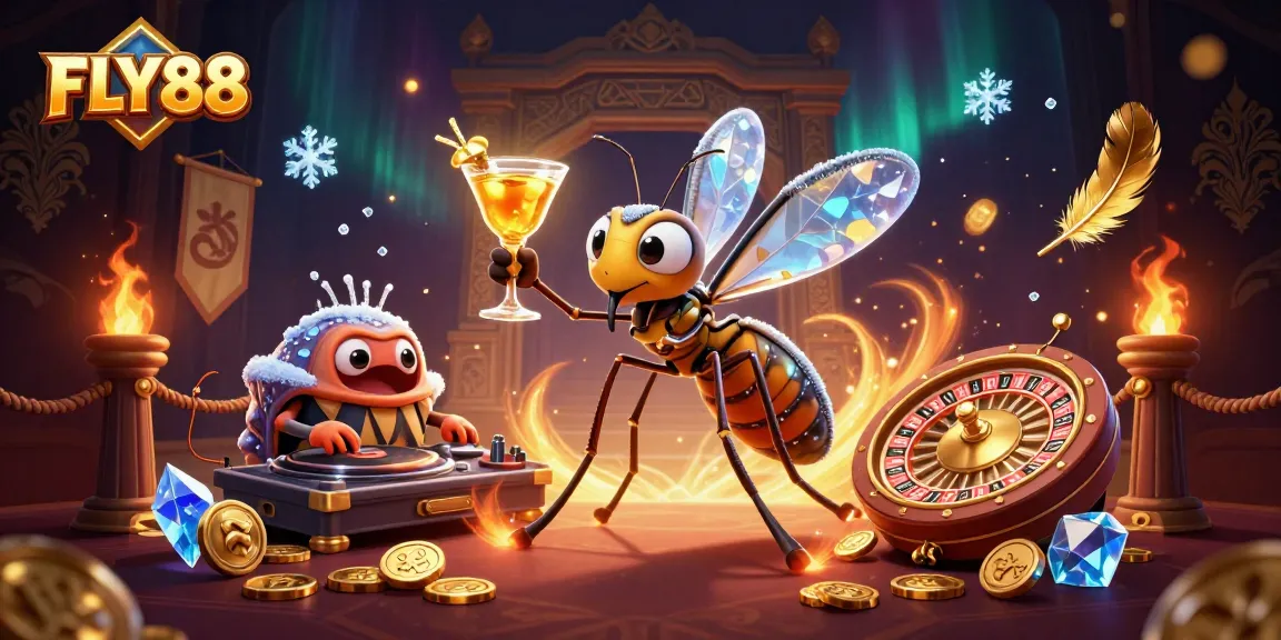 Watch FLY88’s vibrant perks like the golden cocktail mascot and roulette wheel come alive!