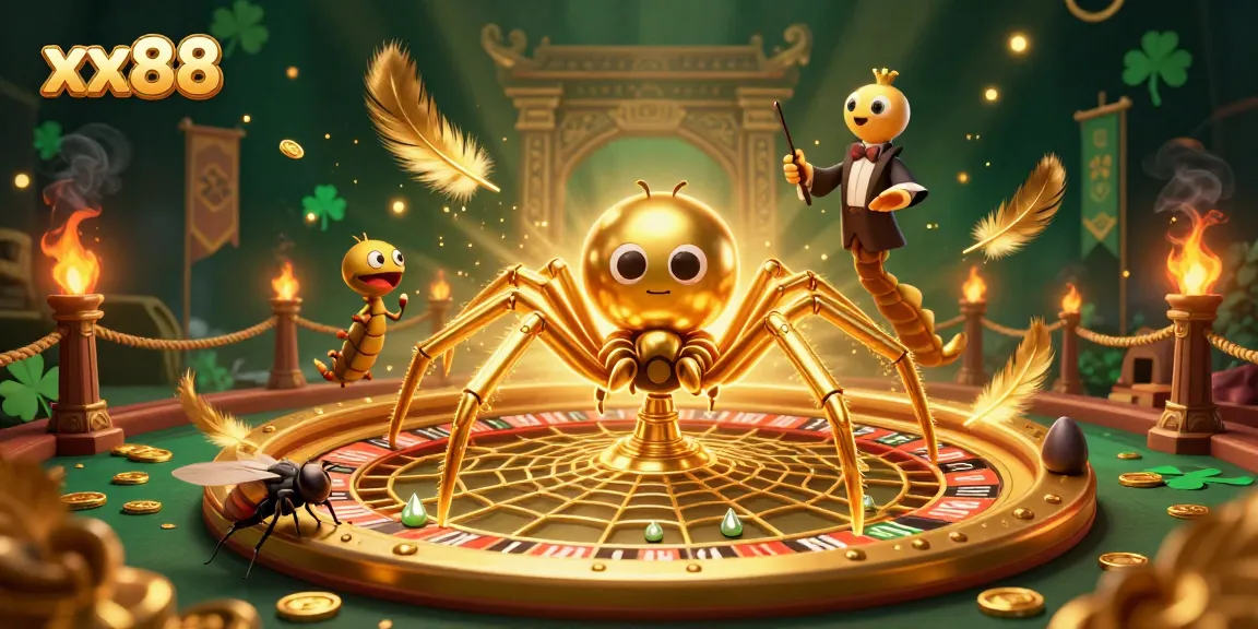 Experience thrilling bets at xx88 with a cartoon spider spinning a roulette wheel.