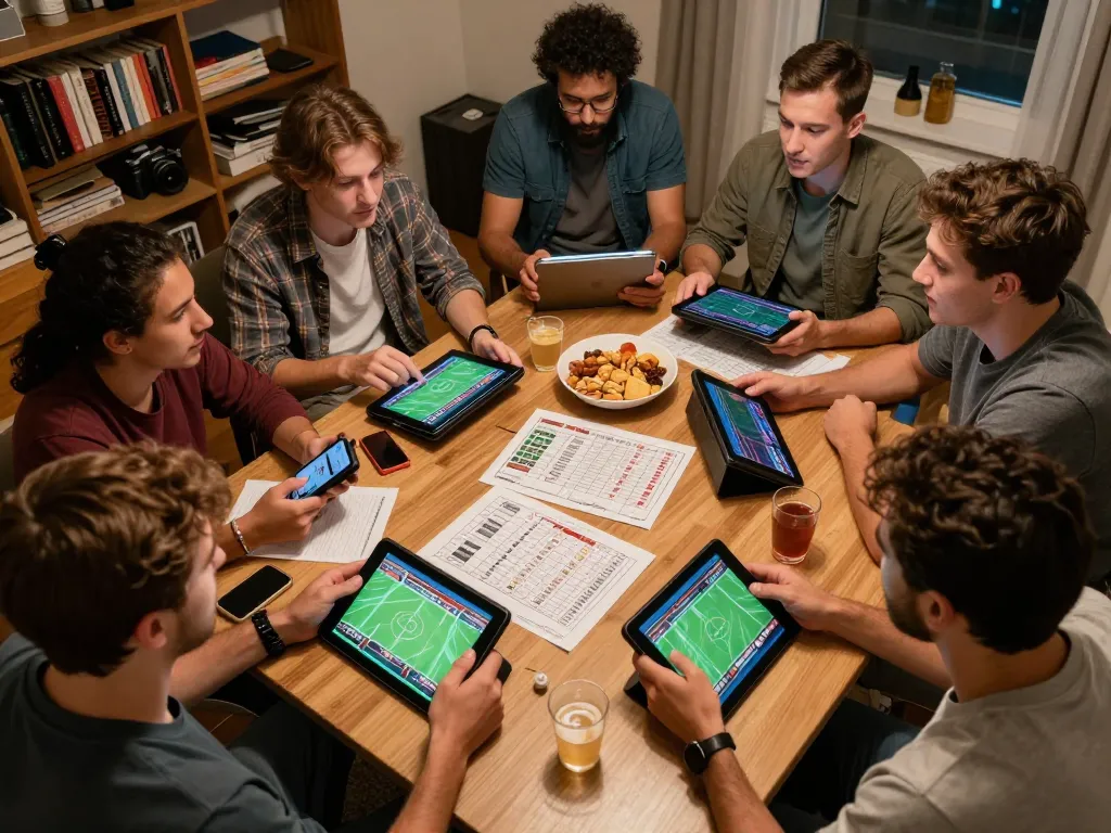 Group of friends engaging in sports betting at home, strategically placing keo nha cai bets on their devices.
