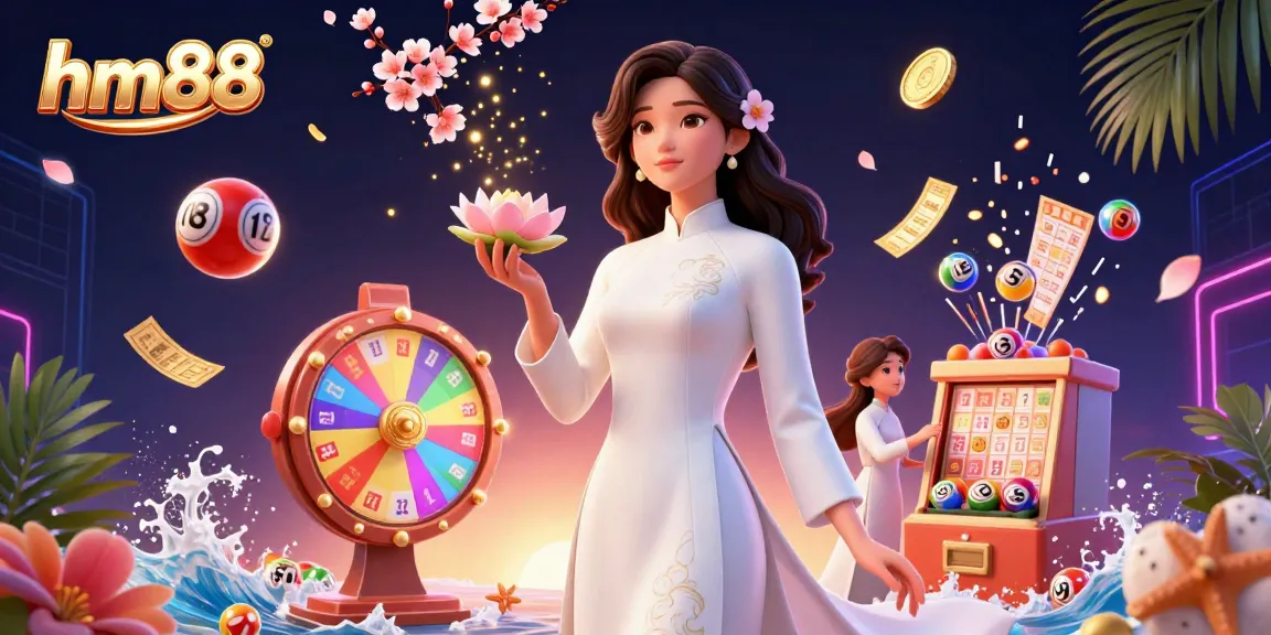 Experience the excitement of hm88 with vibrant casino elements and a stunning illustration of an elegant Asian woman.
