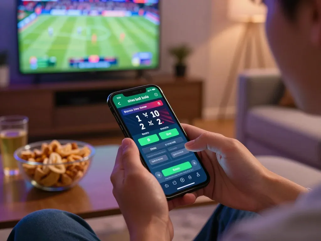 Engaging sports betting on situs judi bola parlay via mobile app from a cozy home setting.