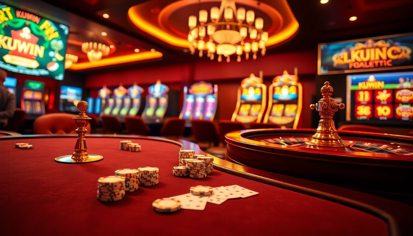 Exciting casino scene featuring KUWIN, poker chips, and roulette wheel, evoking luxury and thrill.