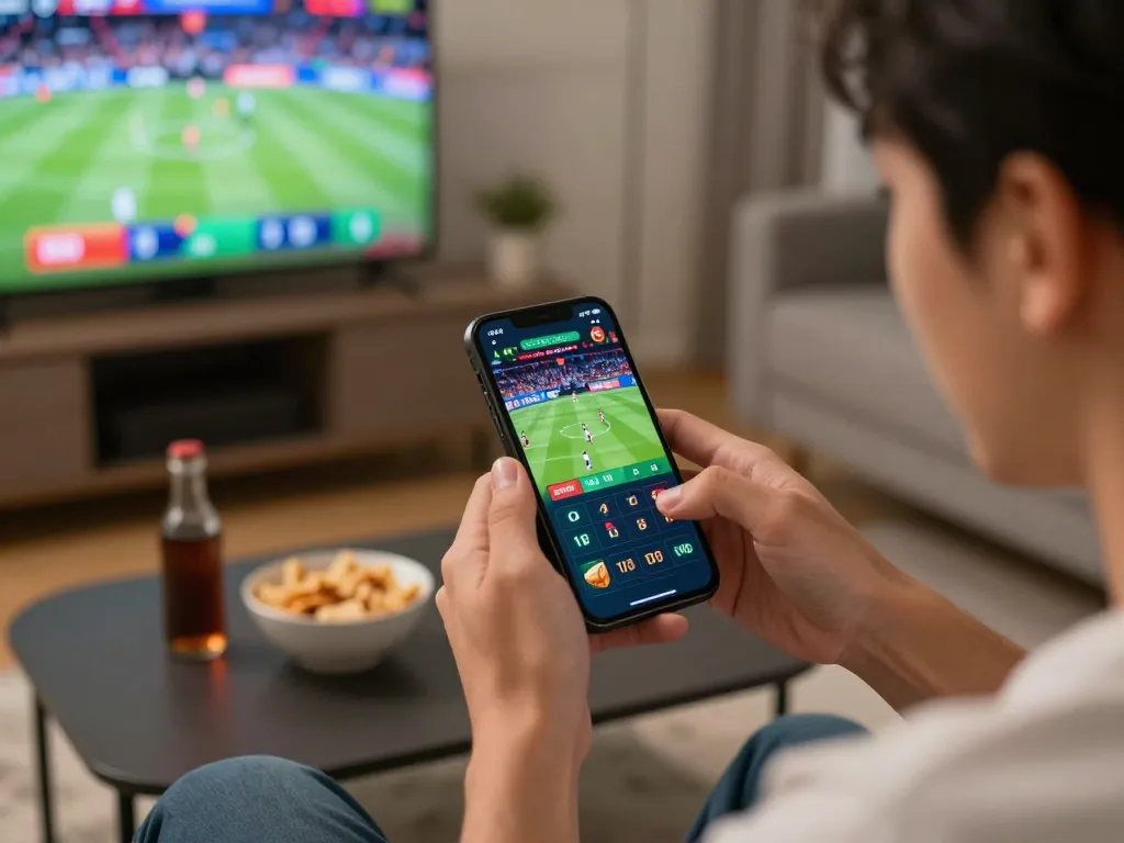 Exciting sports betting experience with TG88 on smartphone in cozy home setting