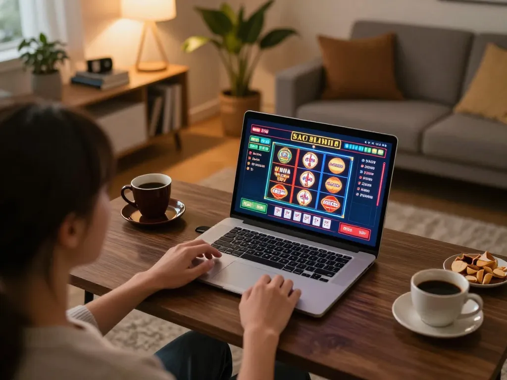 Zowin user enjoying online gaming with vibrant slots and cards in a cozy home setup