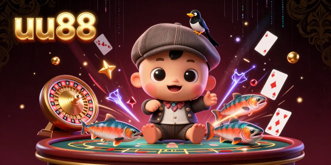 Engage with uu88's exciting live casino experience featuring a dynamic scene of playful characters and gambling elements.