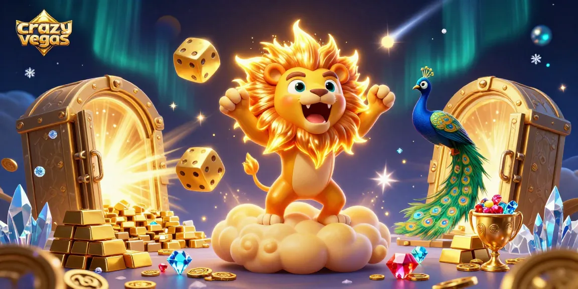 Experience excitement with crazyvegas, featuring a roaring lion, golden dice, and treasure galore!