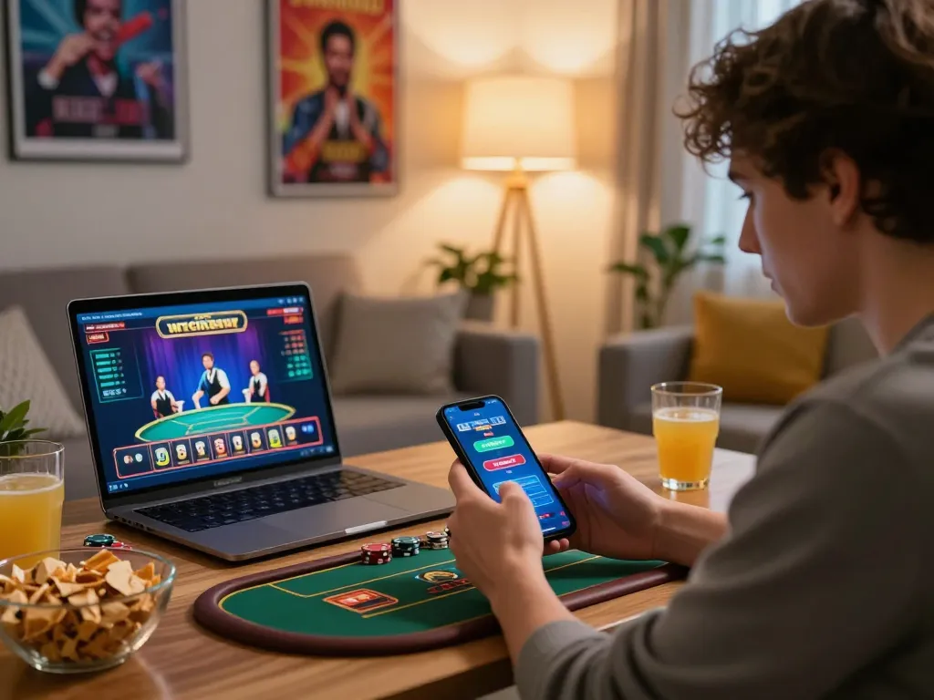 Player engaging with the GO8 online casino app in a cozy living room, highlighting modern gambling strategy.