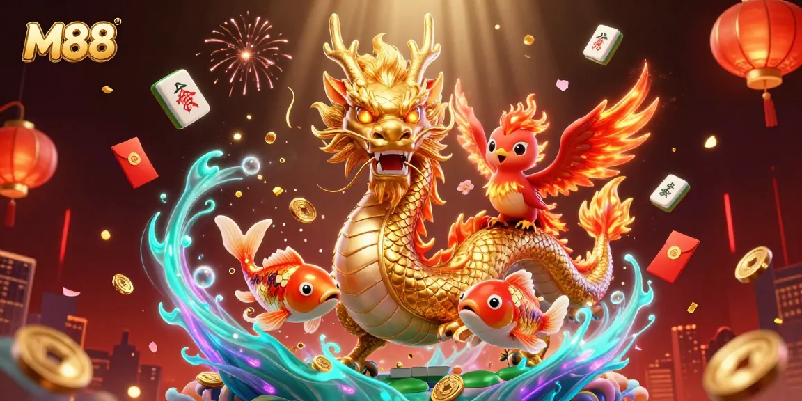 M88 players enjoy thrilling games with a golden dragon, phoenix, and coins cascading during gameplay.