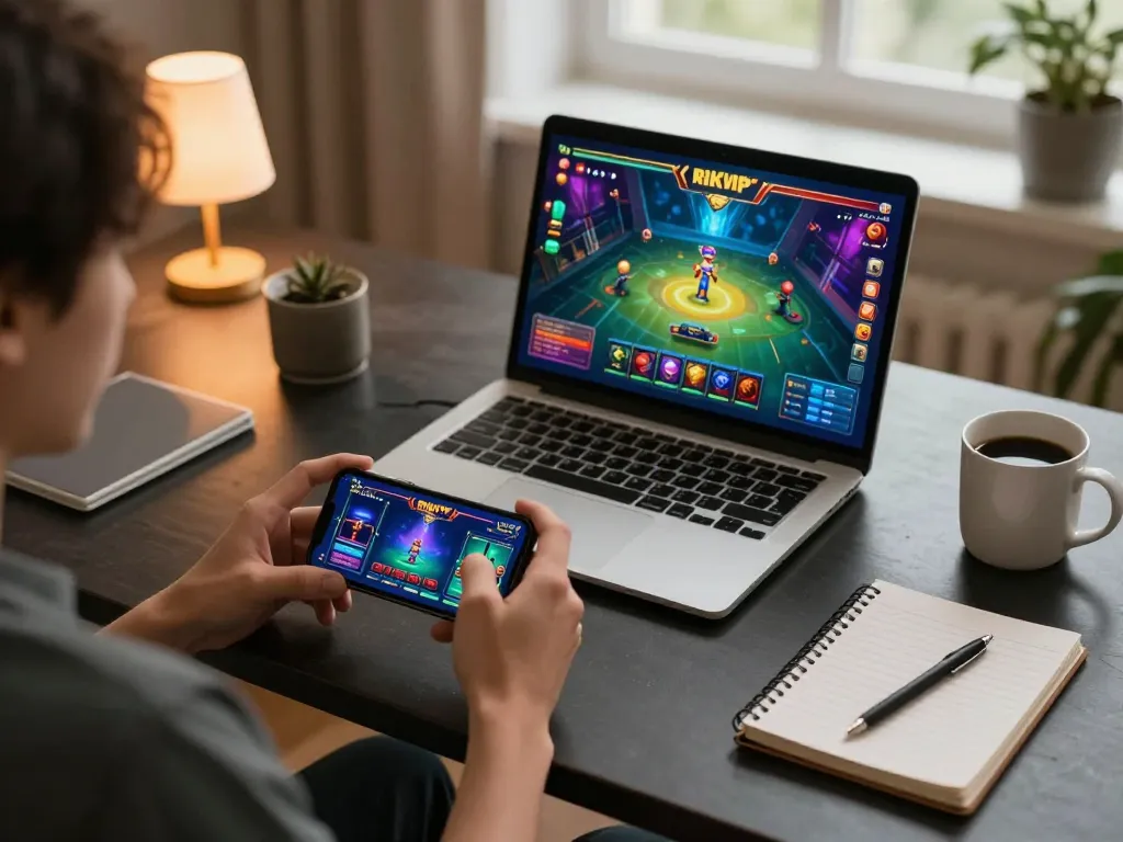 Player enjoying online gambling on rikvip app with vibrant graphics and cozy setup