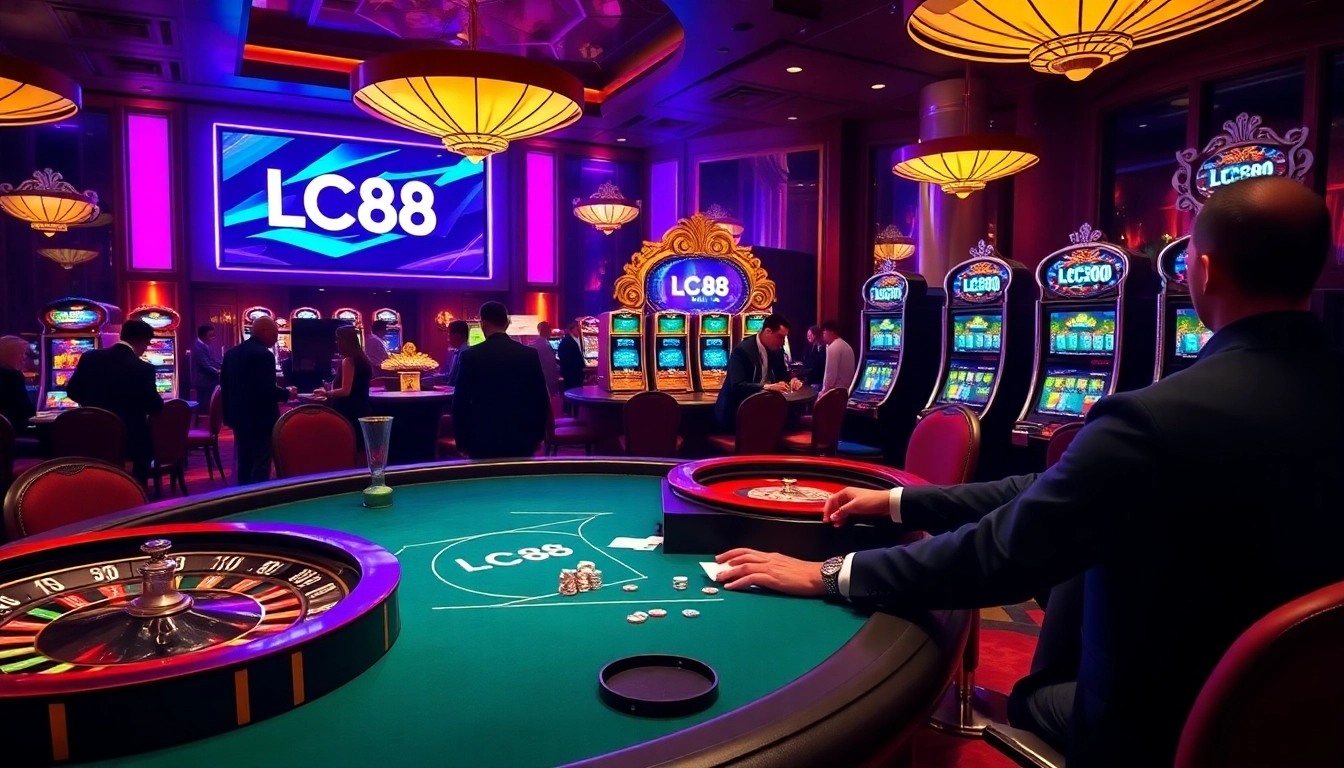Players enjoying a thrilling poker game at LC88 Link, surrounded by exciting casino elements.