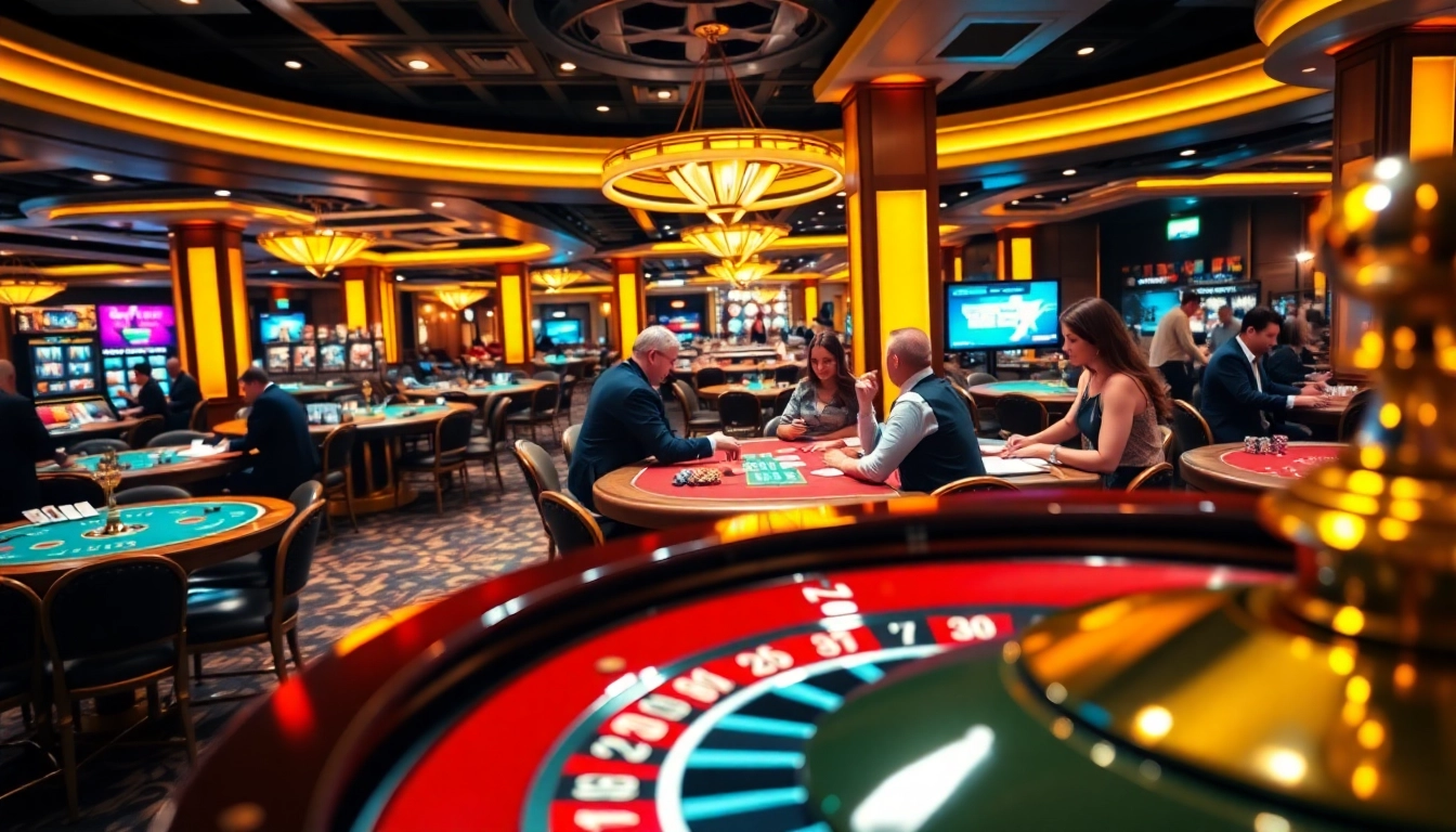 A vibrant casino scene showing players engaged in poker at https://rr88a.us.com/, highlighting the excitement of gambling.