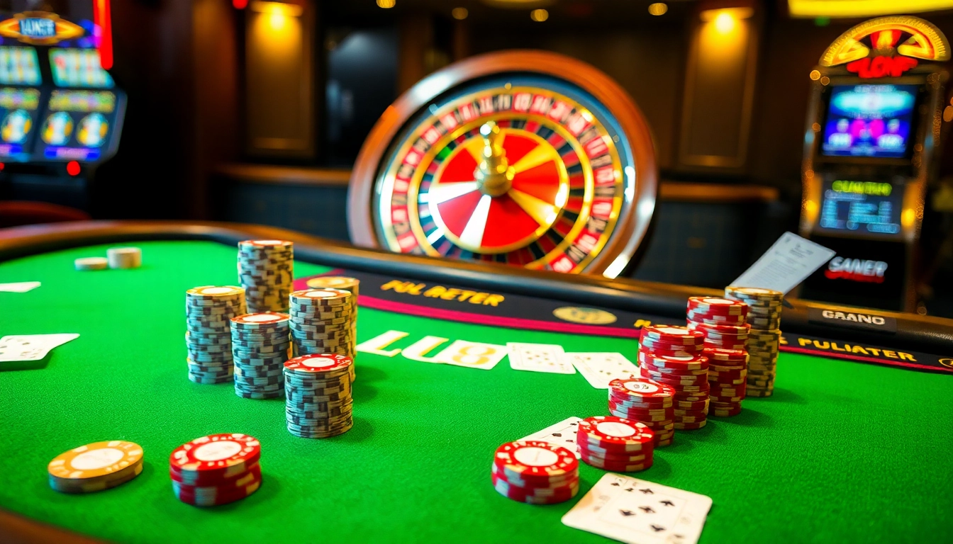 Players enjoy a thrilling moment at the LUCK8 casino table, surrounded by vibrant gaming elements.