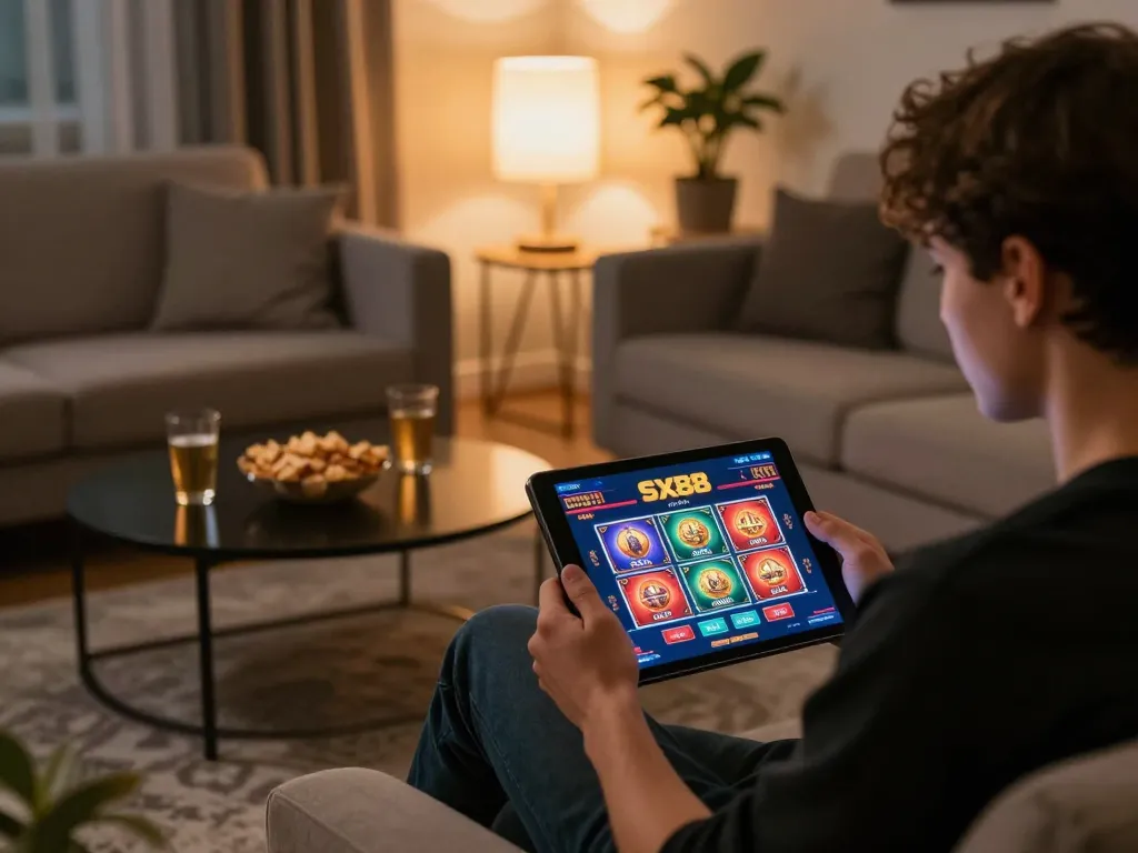 Play on the sx88 casino app from a cozy home setting, showcasing tablet gaming experience.