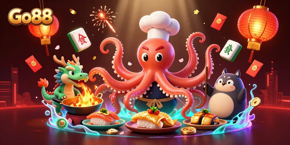 Engage with Go88's vibrant gaming scene featuring an octopus chef and dragon cooking in a dynamic casino atmosphere.