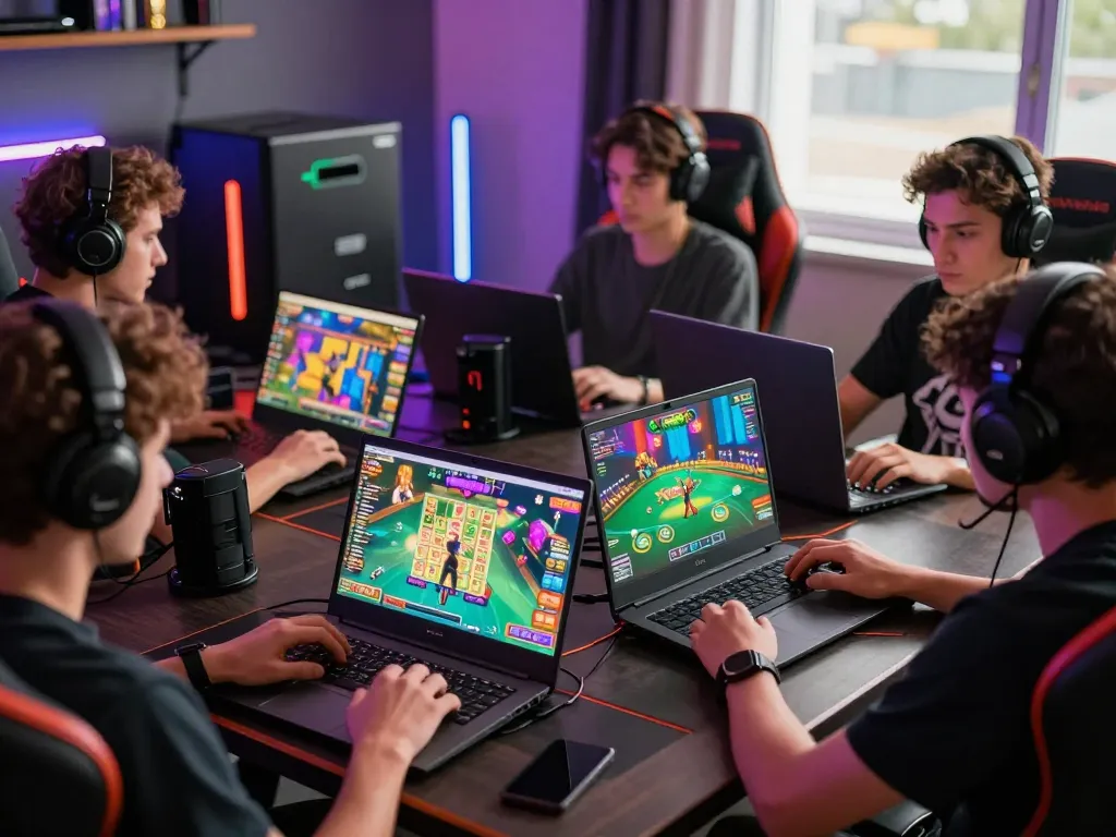Players immersed in online gaming with rikvip platforms, surrounded by modern gear and vibrant screens.