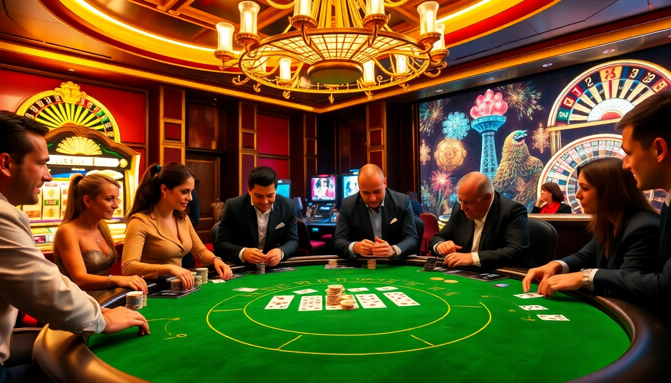 Experience thrilling casino action at https://888vv.co.com/ with players at a luxurious blackjack table and colorful slot machines.