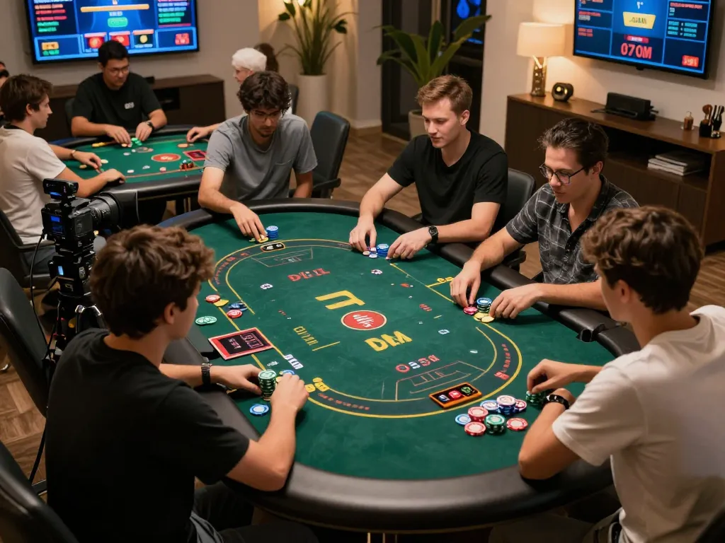 Players engaging in poker strategy at OK365 online casino, showcasing a vibrant gaming environment.