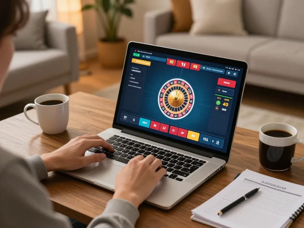 FLY88 online player enjoying roulette game on laptop in cozy home setting