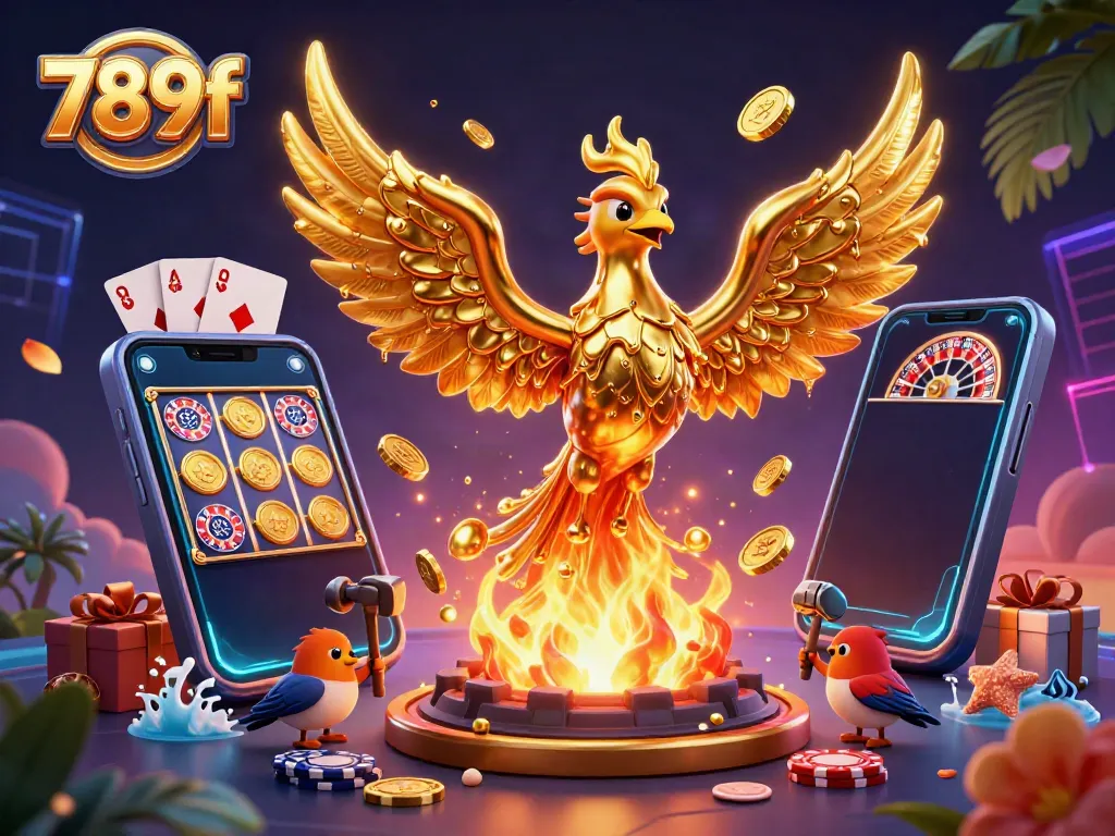 Join the excitement of 789f with a dynamic casino scene featuring a golden phoenix and gaming elements.