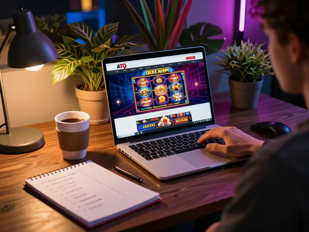 Engaged player explores the exciting offerings of the tập đoàn ATQ on a laptop while enjoying a cozy home environment.