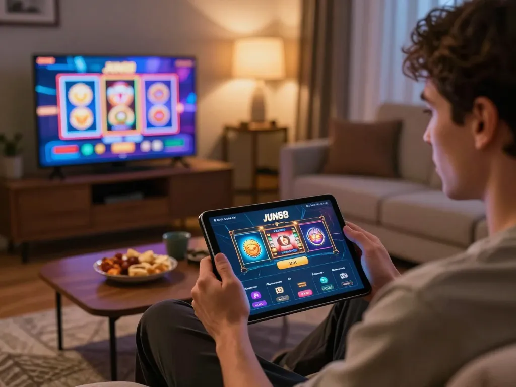 Player engaging with the Jun88 app for online slot games in a cozy living room setting