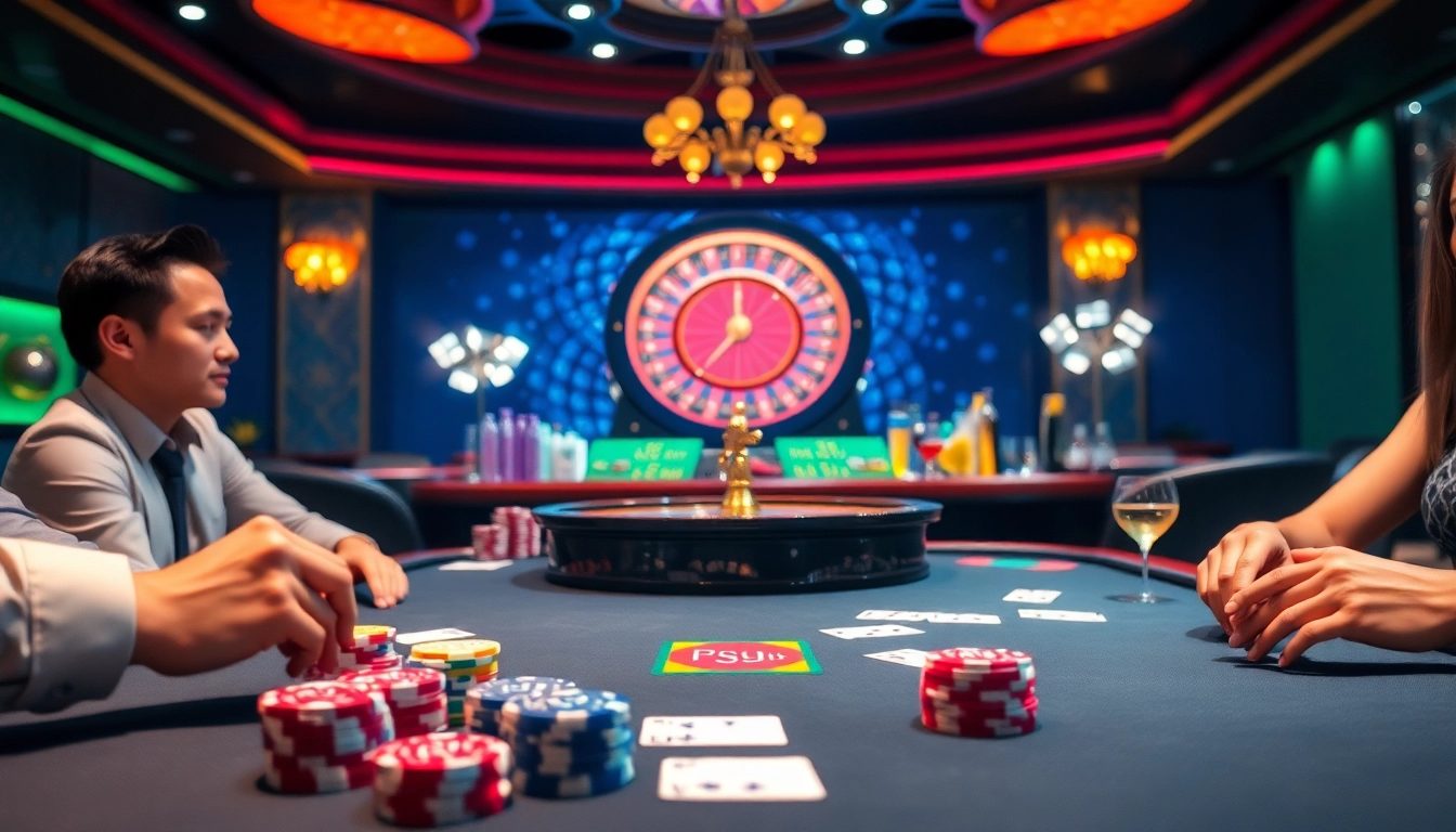 Exciting poker game scene at Nhà cái 9BET with vibrant chips and cards.