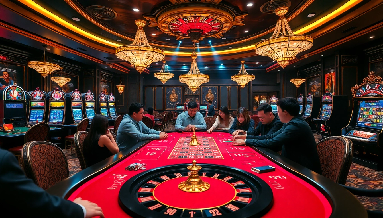 Exciting players engaging with table games at 99ok casino, showcasing vibrant poker chips and gambling atmosphere.