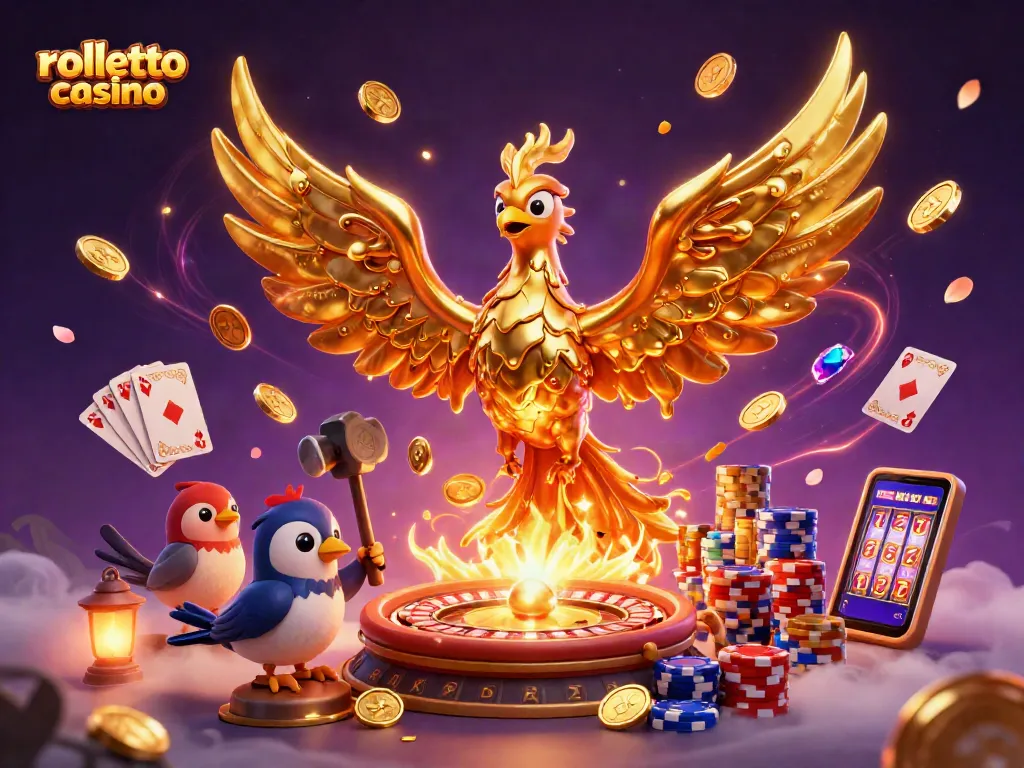 Experience the excitement of rolletto casino with a captivating golden phoenix emerging from riches in a vibrant scene.