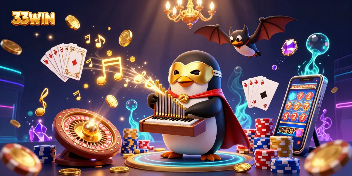 Join 33WIN's thrilling game scene featuring a penguin organist surrounded by cascading coins.