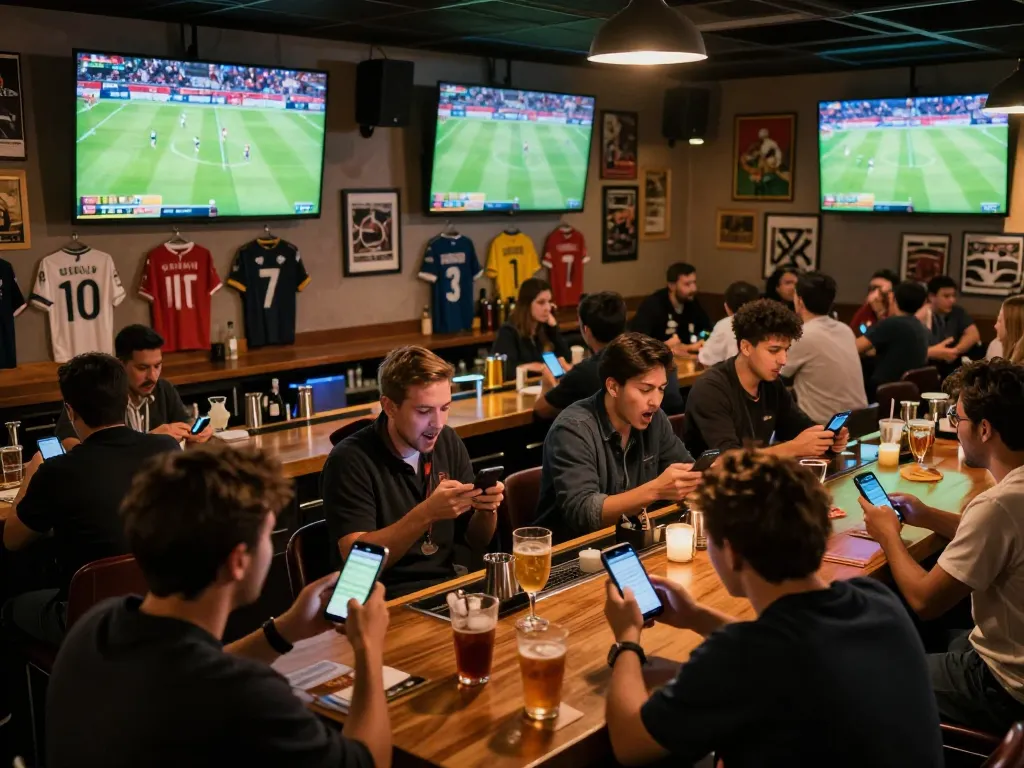 Fans engaging in soccerbetting at a lively sports bar during a live match.