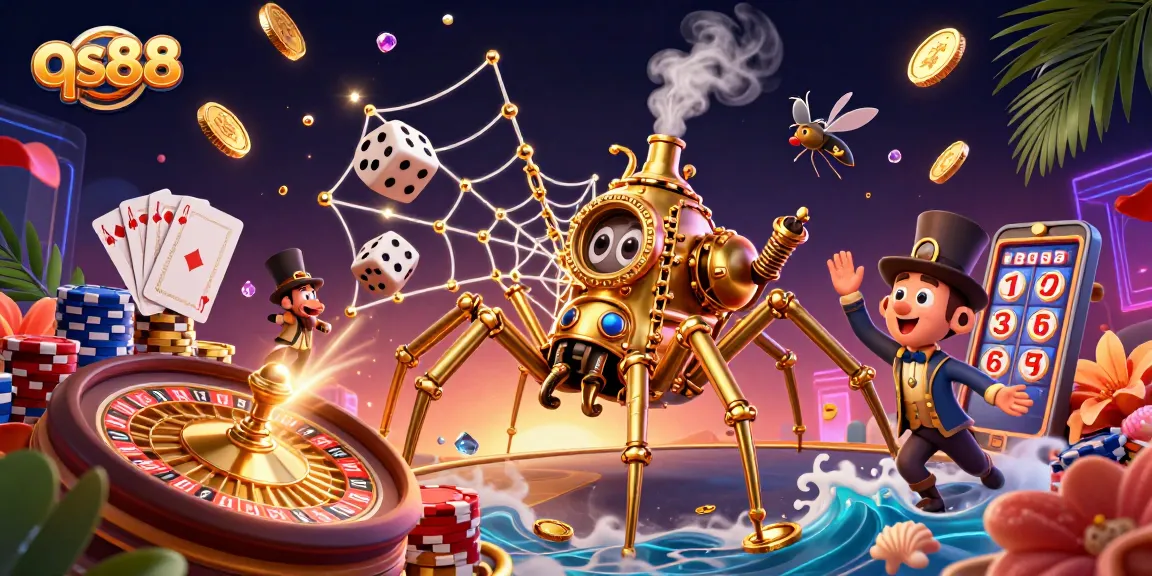Engage with games at qs88 with a vibrant scene of golden elements and steampunk characters.