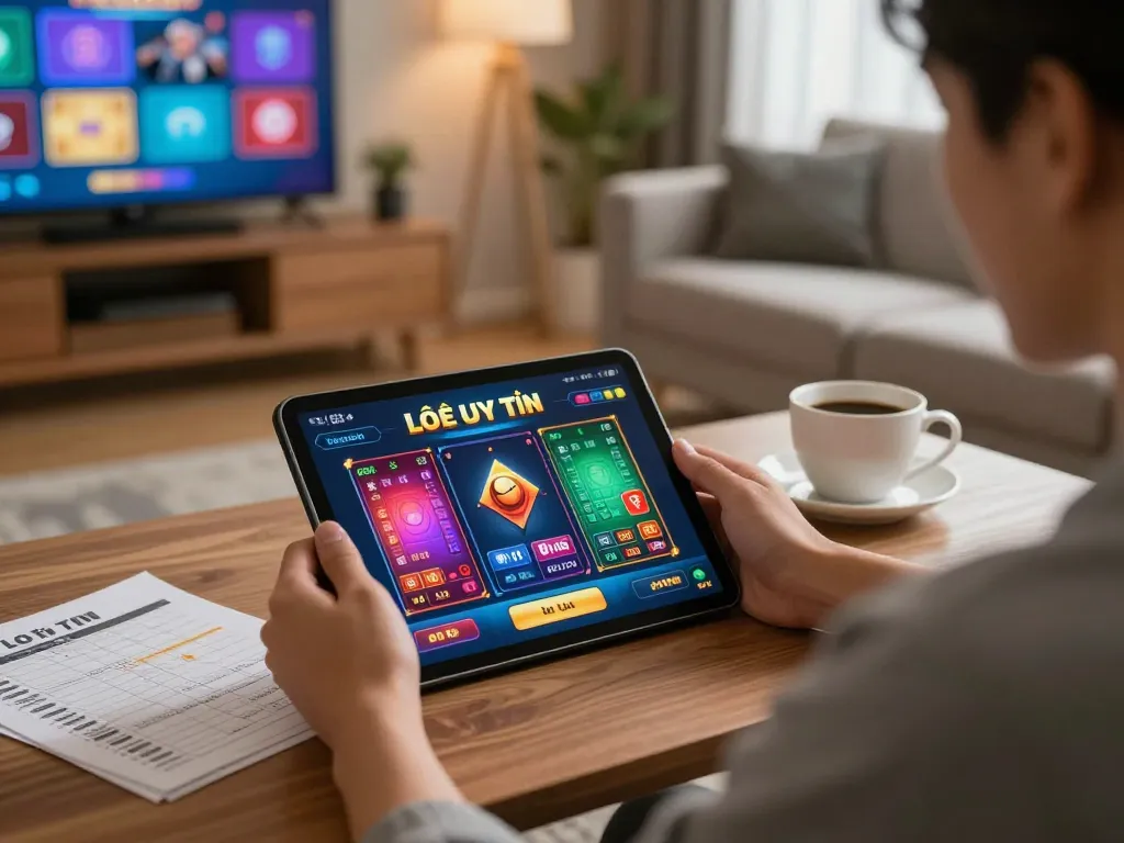 Lô Đề Uy Tín app user placing bets on a tablet in a cozy home setting, emphasizing strategic gaming.