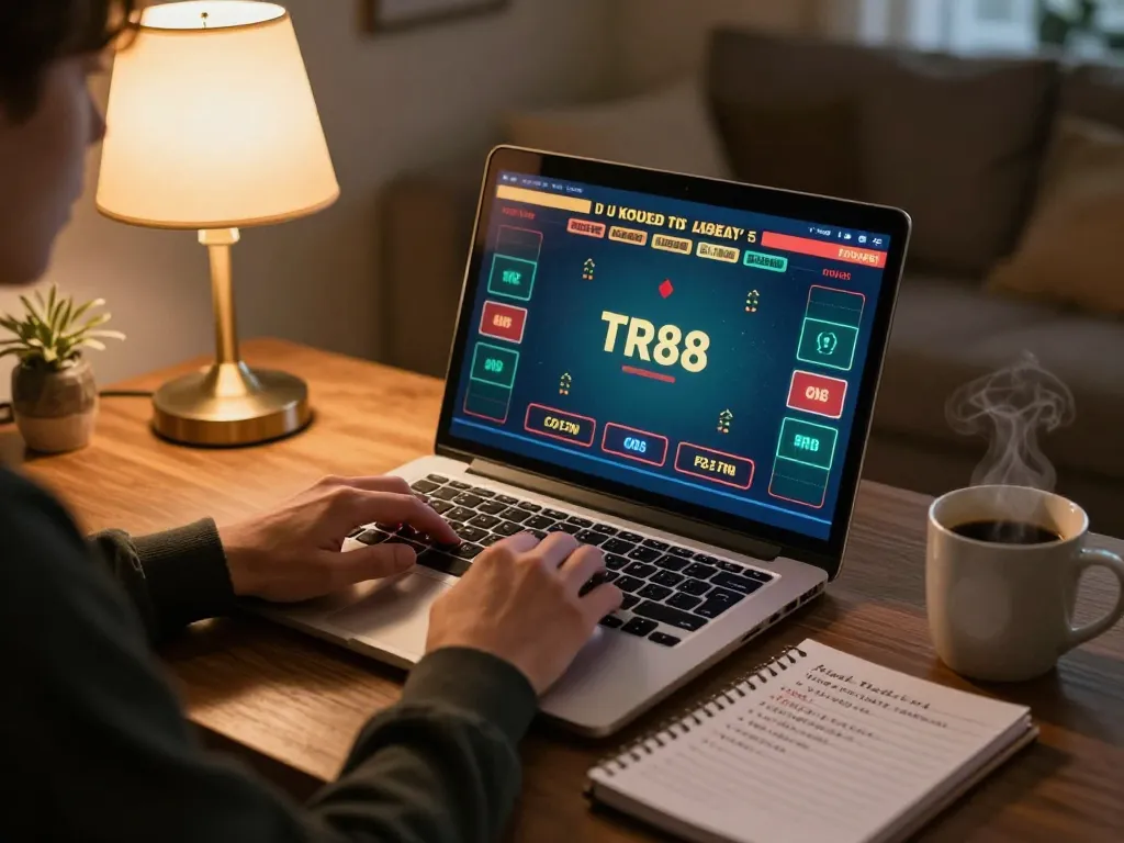 Engage in online gaming with TR88 at home, enjoying a live dealer game in a cozy setting.