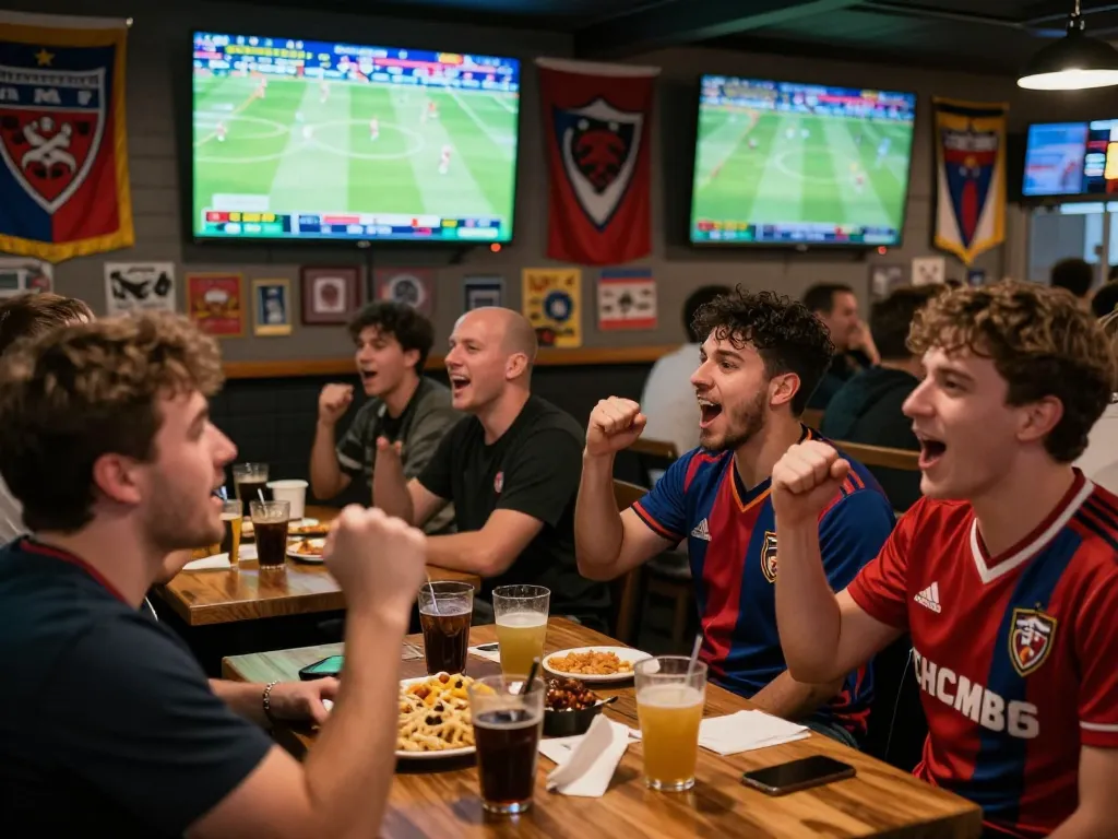 Fans celebrating tỷ lệ kèo bóng đá in a vibrant sports bar during a live match.