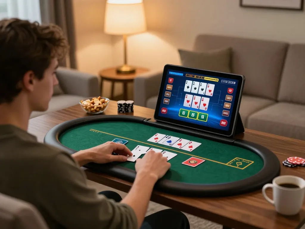 Nohu90 players enjoy strategic online poker gaming on their tablets in a cozy home environment.