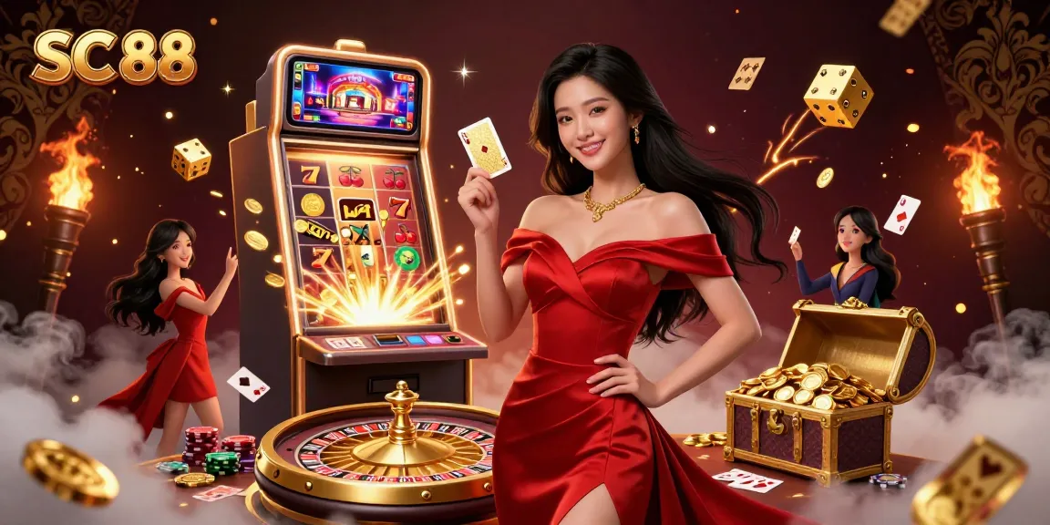 Experience thrilling gameplay at SC 88, where a confident Asian woman showcases her winning card beside a golden roulette wheel.