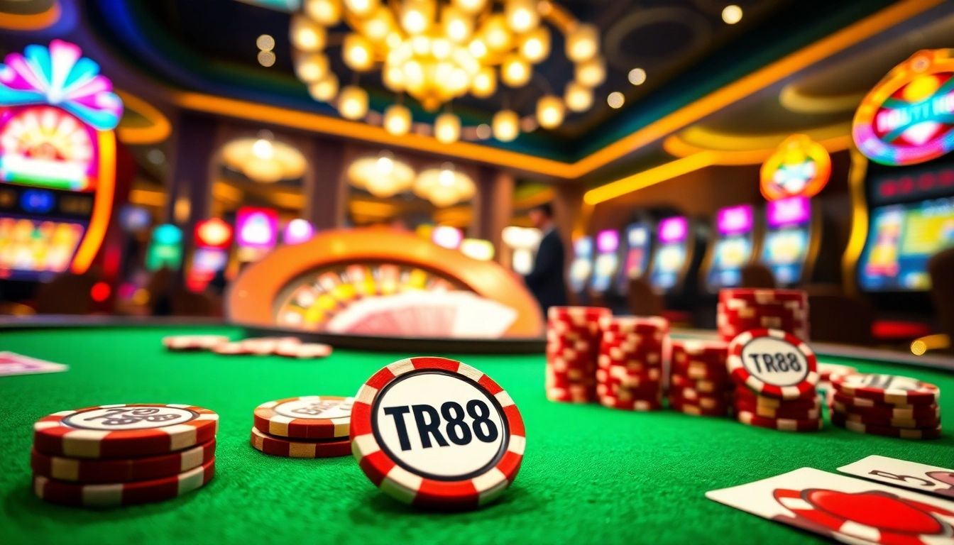 Engaged players showcasing TR88 poker chips in a vibrant casino atmosphere.