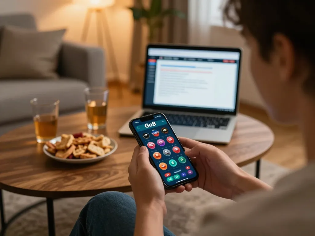 Engaging gameplay on the Go8 mobile app in a cozy home setting, showcasing an immersive gambling experience