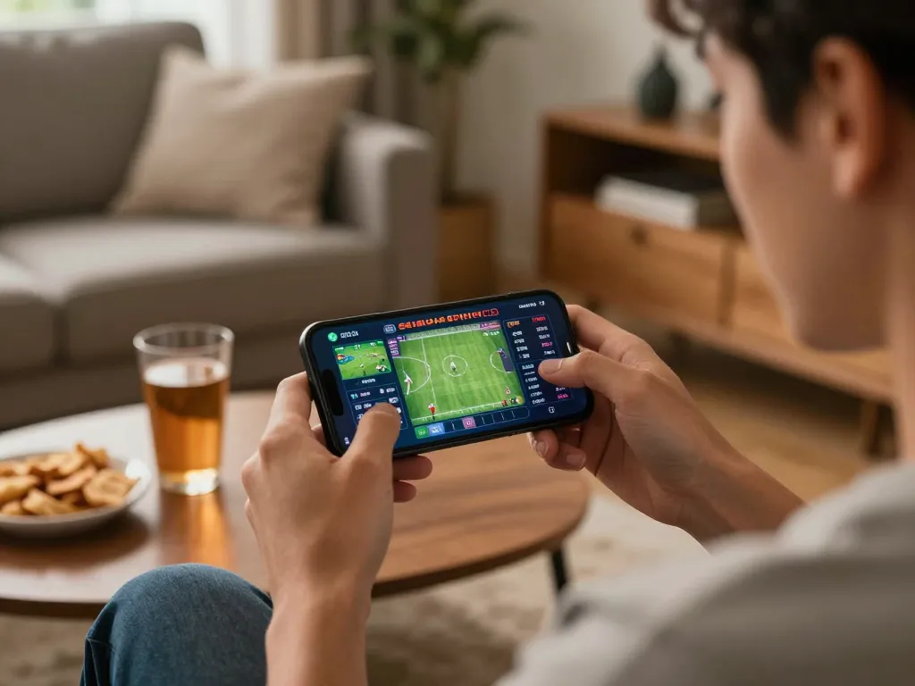 Engaged player using 88clbgo app for exciting sports betting in a cozy home setting.