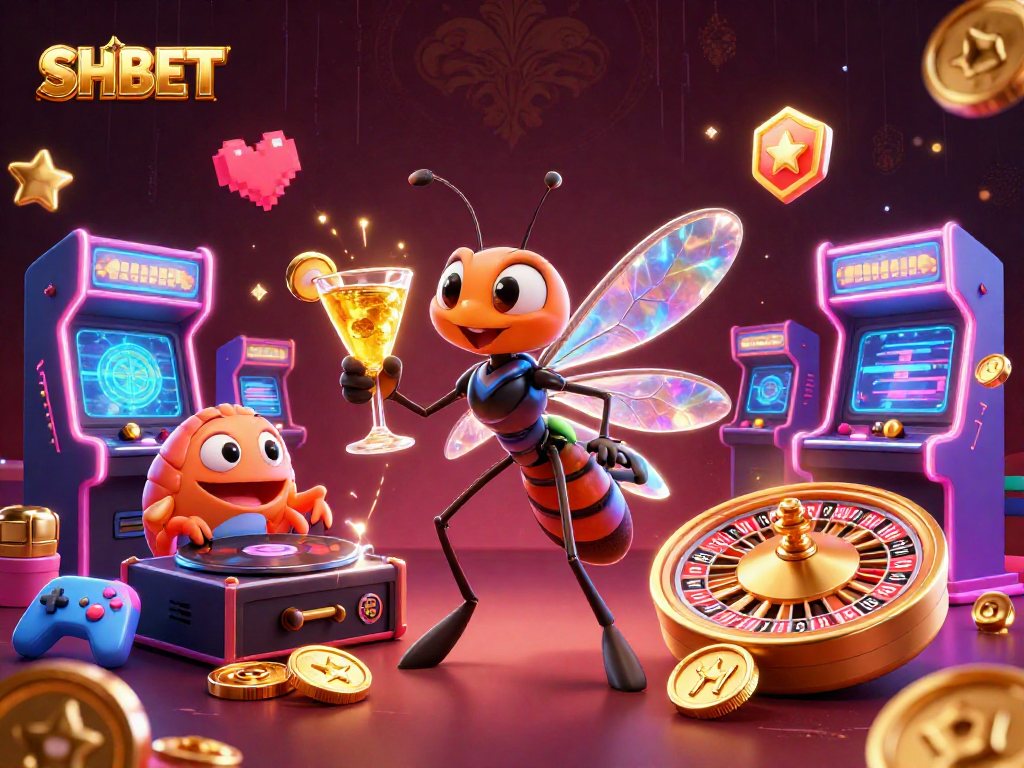 Experience thrilling gameplay with SHBET, featuring a vibrant casino scene with unique characters and game elements.