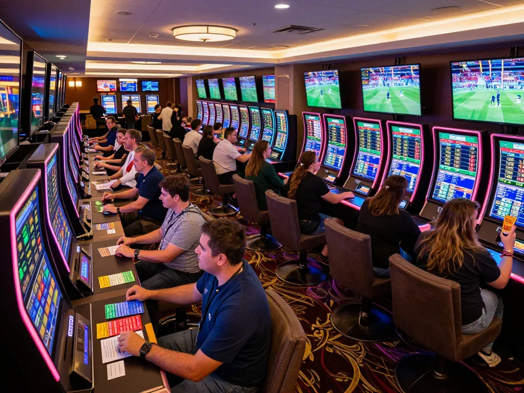 va88 sports betting lounge with enthusiastic patrons reviewing odds on large screens