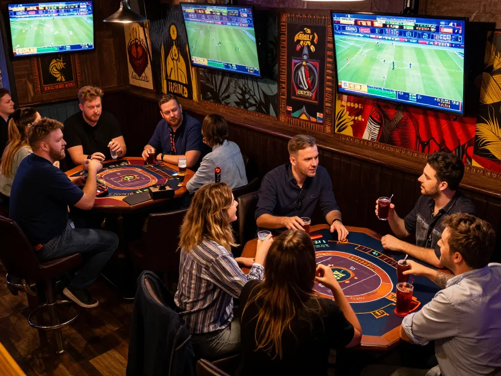 Engaged sports fans analyzing odds for betting on bongdalu during a lively match at a sports bar