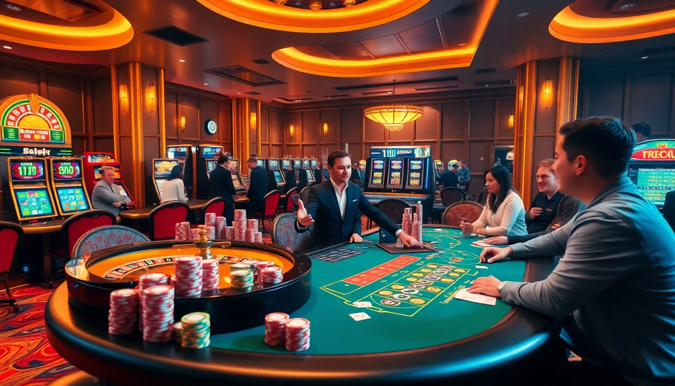 Exciting gameplay experience at https://ku88m.com/ with vibrant casino atmosphere featuring poker tables and roulette wheels.